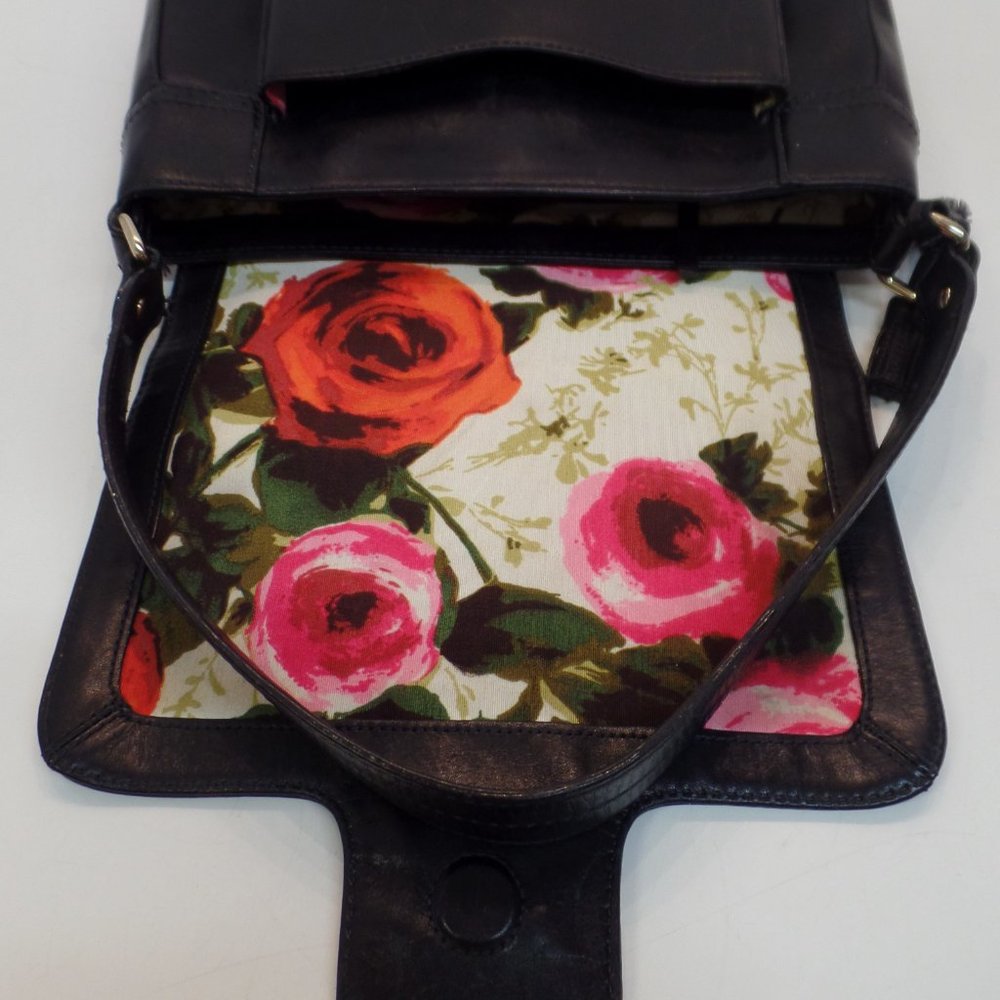 Kate Spade Soft Black Leather Flap Closure Bright Floral Lining Handbag - Picture 8 of 12